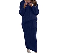 Womens Two Piece Skirt and Tops Knitted Sweater Outfits Set Ladies Casual Warm Loose Chunky Cable Sweater Navy
