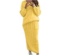 Womens Two Piece Skirt and Tops Knitted Sweater Outfits Set Ladies Casual Warm Loose Chunky Cable Sweater Tops Tracksuit Knitted Long Skirt with Pockets Sets Loungewear Yellow