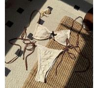 Women's Two Piece Swimsuit Solid Color Mesh Patchwork Bikini sets with Drawstring Strap Split Bathing Suit for Vacation Beach Club Holiday(S Beige)