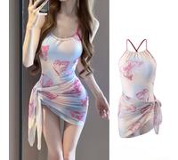 Women's Two Piece Swimsuit, Split Design with Overskirt, Pure Desire Style Irregular Pattern, Microelastic Beachwear for Summer Pool Party(S Pink)