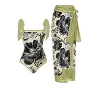 Women's Two Piece Swimsuit V-Neck Monokini with Long Wrap Skirt Sarong Beach Cover Up, Boho Floral Print Ladies Summer Beach Swimwear Bathing Suits