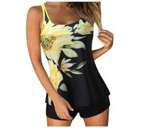 Women's Two Piece Tankini Swimsuit Floral Printed Tank Top with Boyshorts Swimwear High Waist Bathing Suit for Summer Holiday Beachwear Removable Pads Padded Various Patterns (Yellow, S)