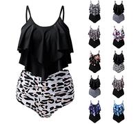 Womens Two Piece Tankini Swimsuit UK Clearance Ladies Ruffled High Waist Swimming Costume Patchwork Swimwear Spaghetti Straps Bathing Suit Scoop Neck Bikini with Shorts Padded Tummy Control Beachwear