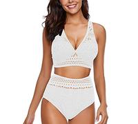 Women's Two Pieces Crochet Lace High Waist V Neck Bikini Set Swimsuit Sexy Deep V Neck Bathing Suits Swimming Costume Mesh Monokini Padded Swimwear White