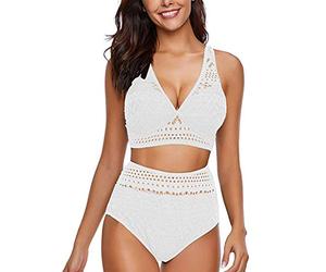 Women's Two Pieces Crochet Lace High Waist V Neck Bikini Set Swimsuit Sexy Deep V Neck Bathing Suits Swimming Costume Mesh Monokini Padded Swimwear White