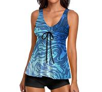 Women's Two Pieces Tankini Swimsuits Push Up Tank with Boyleg Shorts Full Body Modest Bathing Suit Tummy Control Ruched Vintage Print Swimwear Beach Wear