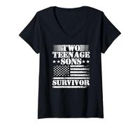Womens Two Teenage Sons Survivor Parenting Mom Dad Teenager Boy V-Neck T-Shirt