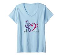 Womens Two-Tone Bass Clef Heart EKG Waves Royal Purple & Mulberry V-Neck T-Shirt