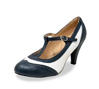 Women's Two Tones Wing Tips Retro Rockability 1950s Vintage T-Strap Pinup Style Pump Flapper by Chase + Chloe, Navy/White Comfort, 4 UK