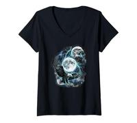 Women's Two Wild Eagles Moon Wildlife Animal Art V-Neck T-Shirt