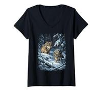 Women's Two Wolves in Snowy Winter Forest Wilderness Graphic Y2K 90s V-Neck T-Shirt