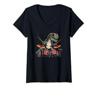 Women's Tyrannosaurus Drummer Tee Dinosaur Drumset Drums Drumsticks V-Neck T-Shirt