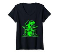 Women's Tyrannosaurus Drummer Tee Dinosaur Drumset Drums Drumsticks V-Neck T-Shirt
