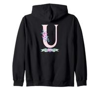 WOMENS 'U' INITIAL LETTER AND PINK GINGHAM FLORALGRN RIBBON Zip Hoodie