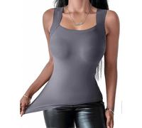 Women's U Neck Shapewear Tank Top with Built-in Bra, High Stretch Sleeveless Slim Fit Camisole Apricot Blue M