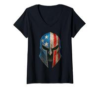 Womens U.S. American Flag Patriotic Spartan Helmet Battle Scarred V-Neck T-Shirt