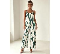 Women's U Scoop Thin Strap Abstract Green Brushstroke Print Loose Wide Leg Long Casual Jumpsuit
