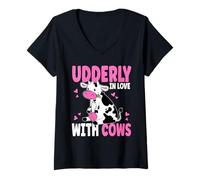 Women's Udderly in Love with Cows Animal Farmer Farming V-Neck T-Shirt