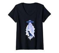 Women's UFO Abducting T-Rex Dinosaur Space Cosmic Art V-Neck T-Shirt