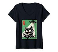 Women's UFO Abduction Cat Reading Book Cosmic Anime V-Neck T-Shirt