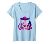 Women's UFO Beaming Up Heart Desert Alien Abduction Tee V-Neck T-Shirt
