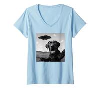 Womens UFO Black Labrador Selfie with Funny Invasion Alien Novelty V-Neck T-Shirt