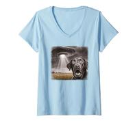 Womens UFO Distressed Black Labrador Selfie with Invasion Alien Pun V-Neck T-Shirt