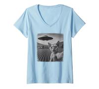 Womens UFO Distressed Devon Rex Cat Selfie with Alien Invasion V-Neck T-Shirt