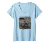 Womens UFO Distressed Pangolin Selfie with Invasion Alien Novelty V-Neck T-Shirt