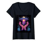 Womens UFO Floral Bloom Alien Core Space Flower Secret Touch V-Neck T-Shirt