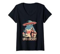 Womens UFO in The Desert Retro Alien Sci-Fi V-Neck T-Shirt
