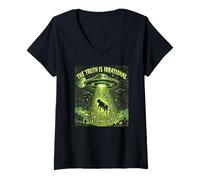 Women's UFO The Truth is Irrational Cow Abduction 3.14 Math Pi Day V-Neck T-Shirt