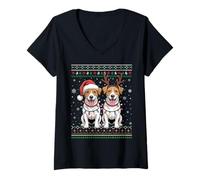 Womens Ugly Jack Russell Terrier Dog Xmas Santa Christmas Sweater V-Neck T-Shirt