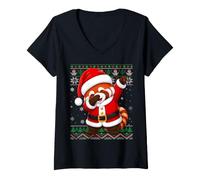 Women's Ugly Sweater Xmas Fun Animal Dab Santa Red Panda Christmas V-Neck T-Shirt
