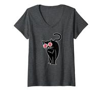 Women's UK Cat Feline Swagger V-Neck T-Shirt, Dark Heather Grey, X-Large