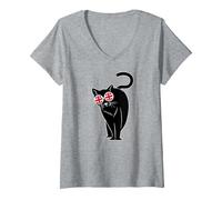 Women's UK Cat Feline Swagger V-Neck T-Shirt, Heather Grey, X-Large