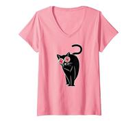 Women's UK Cat Feline Swagger V-Neck T-Shirt, Pink, X-Large