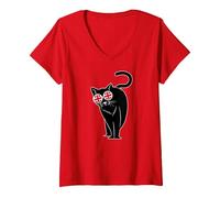 Women's UK Cat Feline Swagger V-Neck T-Shirt, Red, X-Large