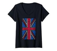 Womens UK Union Jack British City Typography Word Art V-Neck T-Shirt