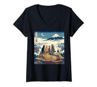 Women's Ukiyo-e Five Cats Mount Fuji Night View Japan V-Neck T-Shirt