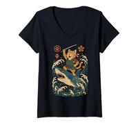 Womens Ukiyo-e Inspired Samurai Cat Surfing Waves Great White Shark V-Neck T-Shirt