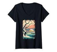 Womens Ukiyo E Japanese Pavilion Winter Scene Serene Landscape Art V-Neck T-Shirt