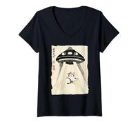 Women's Ukiyo-e Style UFO Abducting Cute Cat Ink Art Painting V-Neck T-Shirt