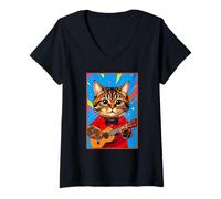 Womens Ukulele Cat V-Neck T-Shirt
