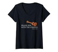 Womens Ukulele Praise Him With The Strings Christian Uke V-Neck T-Shirt