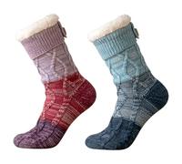 Women's Ultra Cozy Fuzzy Slipper Socks with Non-Slip Grips - Fleece-Lined Warm Cabin Socks for Home, Winter Comfort (Purple+Blue)