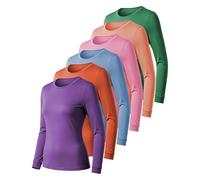 Womens Ultra Soft Midweight Baselayer Top | All Season Thermal Scoop Neck Long Sleeve Shirt | Multi Packs, 6 Pack-tomato | Boyblue|pinklavender|arcadia|violet |Dahlia, S