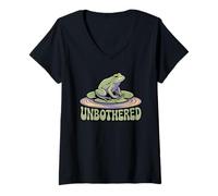 Women's UNBOTHERED Light Green Frog Lily Pad Pond Ripple Calm V-Neck T-Shirt