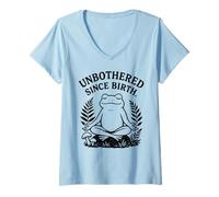 Womens Unbothered Since Birth Lazy Frog Zen Cottagecore V-Neck T-Shirt