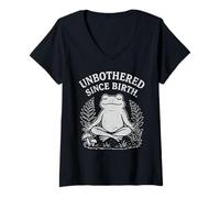 Womens Unbothered Since Birth Meditating Zen Frog Cottagecore V-Neck T-Shirt